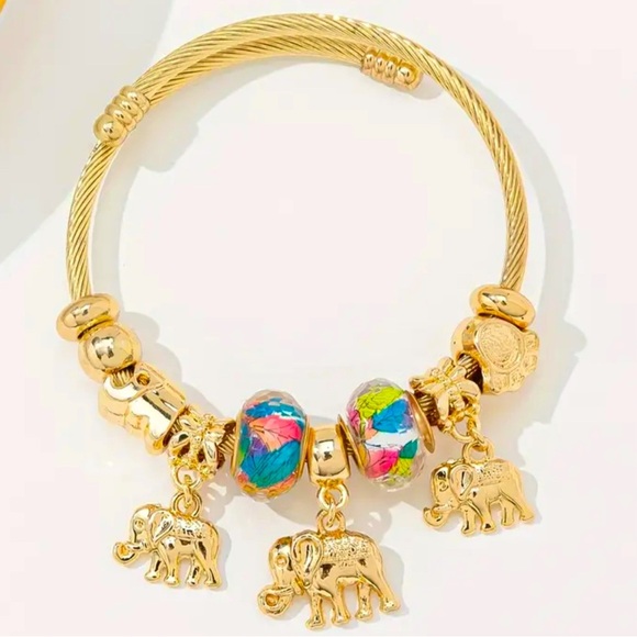 Plated Stainless Steel Charm Bangle Bracelet Elephant Pink Crystal - Picture 1 of 12